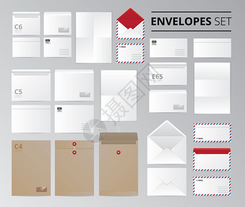 文件信写实套现实的纸张办公室信封文件信集的孤立图像与模板同的纸张大小矢量插图图片
