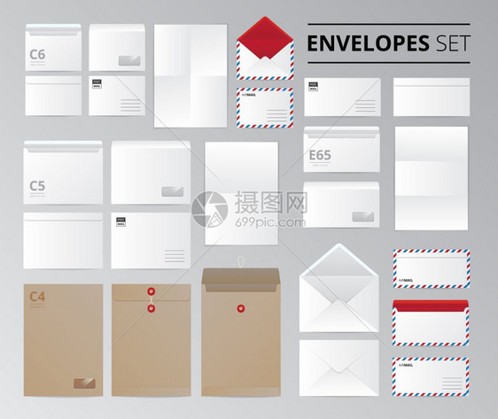 文件信写实套现实的纸张办公室信封文件信集的孤立图像与模板同的纸张大小矢量插图图片