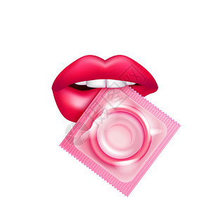 现实的避孕套嘴唇真实的女嘴唇与避孕套包牙齿的白色背景矢量插图图片