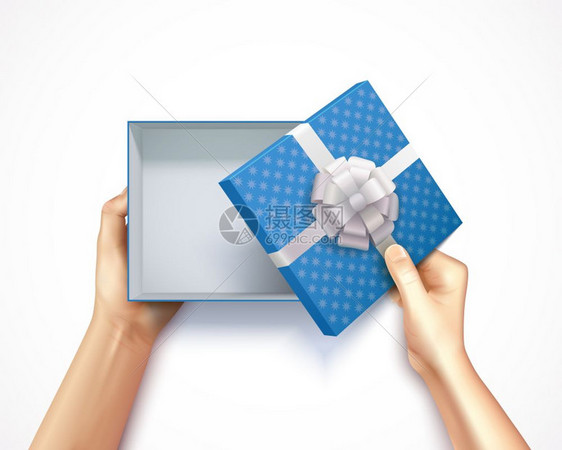 手盒子成人手着礼品盒,顶部看现实的三维方形纸箱与蓝色圆点图案矢量插图图片