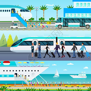 运输模式横幅三个水平的旅游运输横幅热带机场换乘城际列车客运远洋船舶矢量插图图片