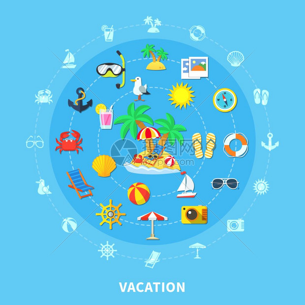 暑期旅游图标成度假旅行平圆构图,孤立表情符号风格,暑假活动符号剪影象形图矢量插图图片