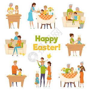 快乐复活节家庭套餐家庭复活节大集与扁平卡通人物快乐庆祝父母与孩子祖父母矢量插图图片
