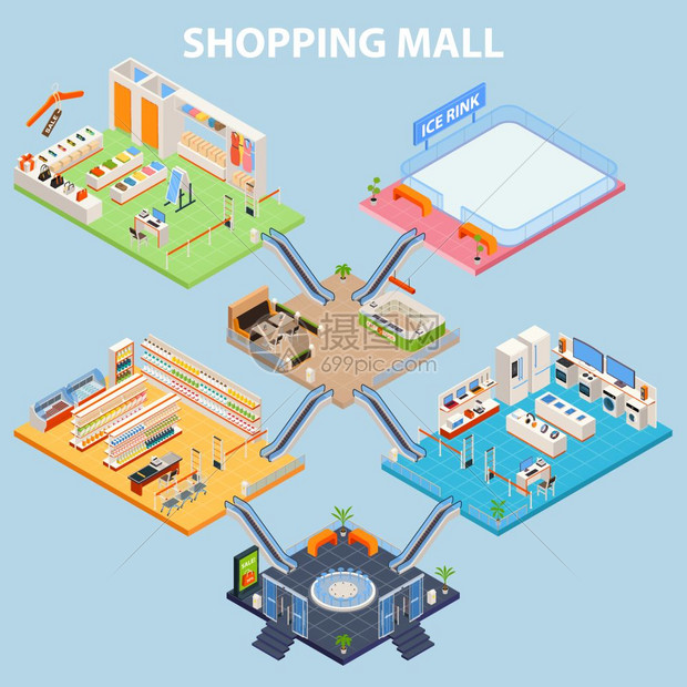 等距广场内部购物中心背景与等距内部同层次的广场贸易中心与家具图像矢量插图图片