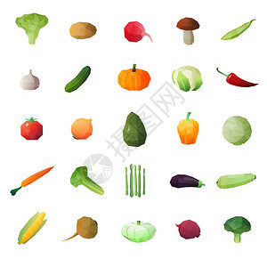 蔬菜成熟水果套装蔬菜多边形集合十五个多角成熟绿色物质单图像空白背景矢量插图图片