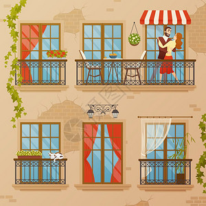 经典的窗户阳台成古典建筑阳台平形象的联排别墅墙壁与砖块,窗户装饰装订矢量插图图片