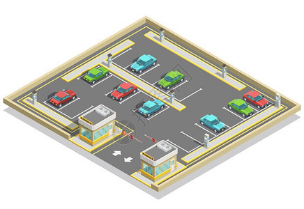 停车区等距位置公园等距位置与五颜六色的汽车,许多地段访问控制矢量插图图片