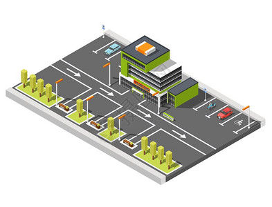 购物中心公园成大楼等距构成购物中心大楼公园区域与道路标记箭头矢量插图图片
