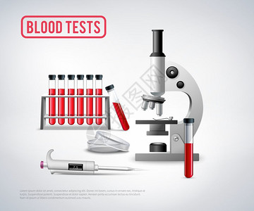 血液测试设定背景医学现实背景与显微镜单位套装满血液的璃瓶,用于测试矢量插图图片