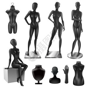 模特女逼真的黑色形象集零售窗口黑色写实时尚女全身活动关节部分人体模型收集矢量插图图片