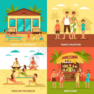 海滩度假理念海滩度假平理念与家庭度假瑜伽运动酒吧岸上矢量插图图片
