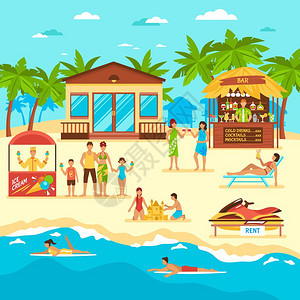 海滩平风格插图海滩与人酒吧与冰淇淋租金的水摩托车平风格矢量插图图片