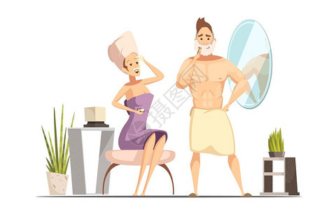 脱毛家庭卡通插图已婚夫妇卫生脱毛程序家庭浴室与湿剃须男子卡通矢量插图图片