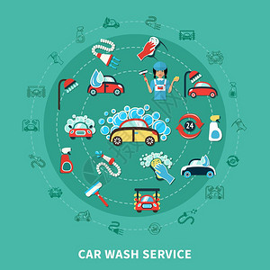 洗车圆形构图圆形构图与卡通装饰图标的洗车肥皂片清洗剂设备矢量插图图片