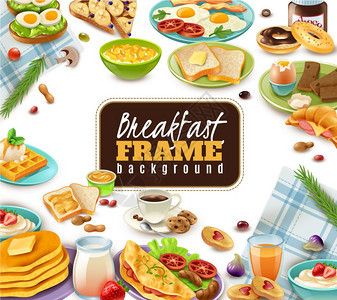 早餐框架背景早餐框架与咖啡汁三明治甜菜餐具餐巾纸白色背景矢量插图图片