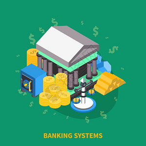 银行系统等距圆形成银行系统金融等距图标圆形成与银行保险箱银行秤硬币黄金矢量插图图片