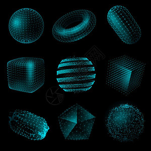 几何形状三维技术风格图标集蓝色现实几何形状三维技术风格黑色背景矢量插图图片