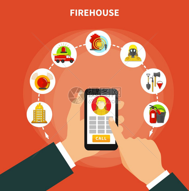 平消防消防与消防站的工作设备图标平矢量插图图片