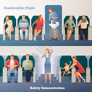 人们飞机水平横幅人们飞机水平横幅与坐着的乘客空姐饮料安全演示矢量插图图片
