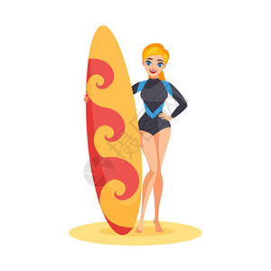 阳光明媚的运动女孩阳光明媚的运动女孩着五颜六色的冲浪板站沙滩上,平坦的风格矢量插图图片