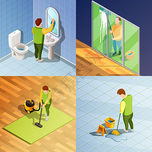 清洁2x2等距清洁2x2等距与人们清洗窗口地板项目的办公矢量插图图片