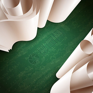 三维纸卷背景三维白纸滚动绿色背景与笔记公式现实矢量插图图片