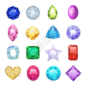 宝石现实图标宝石写实图标同大小颜色的红宝石钻石蓝宝石矢量插图图片