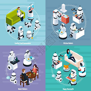 家庭机器人2x2等距厨房家庭主妇家庭机器人2x2等距清洗烹饪服务员功能矢量插图图片