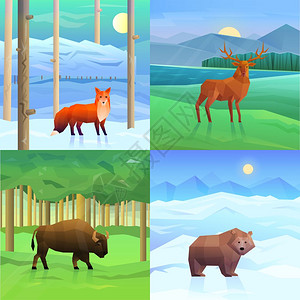 动物背景集多边形野生动物2x2背景下与景观矢量插图图片