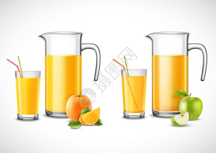 加苹果橙汁的杯子杯子眼镜与苹果橙汁水果与叶子白色背景矢量插图图片