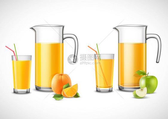 加苹果橙汁的杯子杯子眼镜与苹果橙汁水果与叶子白色背景矢量插图图片