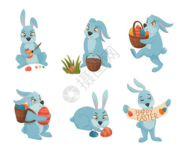 复活节兔子卡通系列复活节兔子集六个趣的人物同的姿势与彩绘复活节鸡蛋篮子矢量插图图片