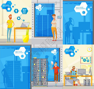 软件开发海报套套六个涂鸦风格的软制作海报与同的员工人物剪影公司标志矢量插图图片