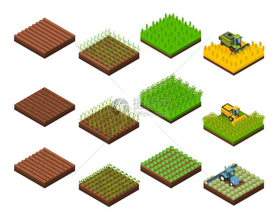收获工作元素集农场收获集与孤立等距正方形场段图像同阶段的收获操作矢量插图图片