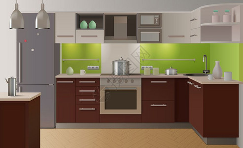 彩色厨房内部彩色厨房内部完全配备现代风格与绿色木门矢量插图图片