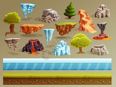 游戏景观构造函数集游戏卡通元素与幻想景观,树木,石头,冰窖硫化大厦矢量插图图片