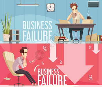 商业失败2复古卡通海报商业失败2复古卡通横幅与沮丧的商人坐红色箭头向下矢量插图图片
