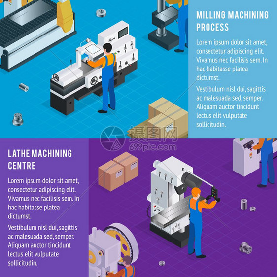 金属作品横幅金工车床铣削水平横幅等距图像的制造机床站与人类操作员矢量插图图片