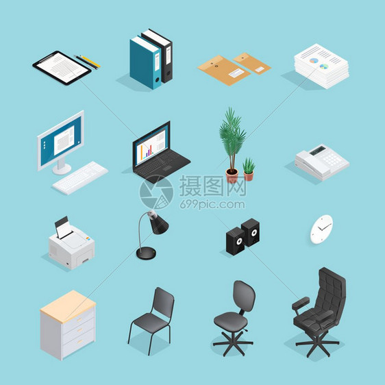 办公用品等距图标彩色隔离的办公用品等距图标与属家具的办公矢量插图图片