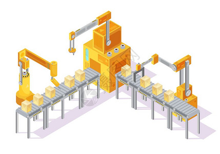 输送机系统等距插图黄色灰色输送系统与控制板,机器人手包装线等距矢量插图图片