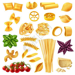 意大利写实套真实的套意大利,包括彭妮,福西利,塔利亚特尔,法法尔勒,意大利,奶酪,番茄罗勒分离矢量插图图片