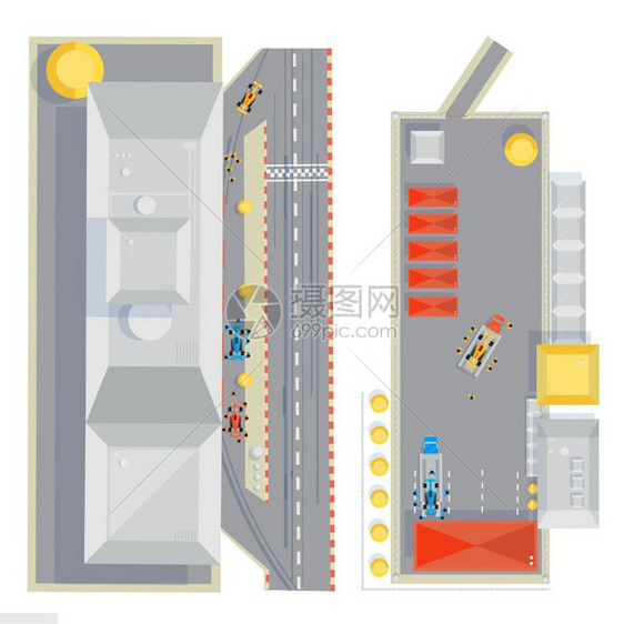 赛道平构图赛车轨道顶部视图成与平图像的赛车维护期间,坑停止矢量插图图片