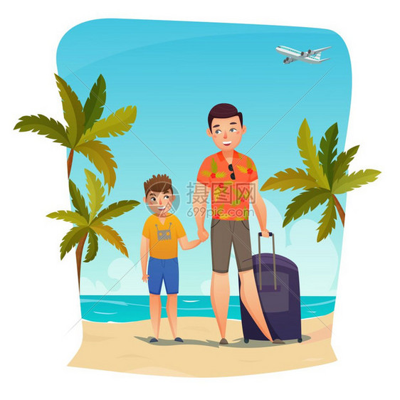 暑假作文暑假作文与爸爸儿子海滩上用手提箱飞机蓝天矢量插图图片