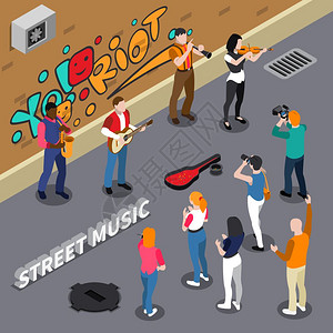 街头音乐家等距插图街头音乐家墙上的乐器上演奏涂鸦,观众人行道上等距矢量插图图片