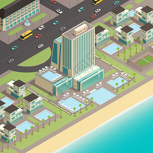 沿海地区豪华酒店多层建筑城市景观等距碎片与多层建筑的豪华酒店沿海地区矢量图图片