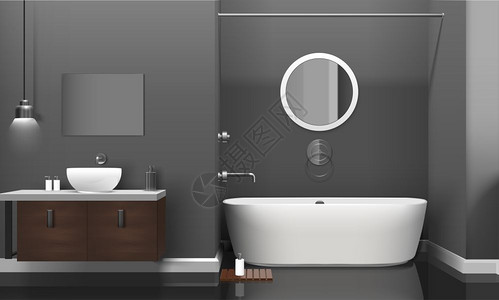 现代写实浴室室内现代写实浴室室内与白色卫生设备,货架灰色墙壁镜子矢量插图图片