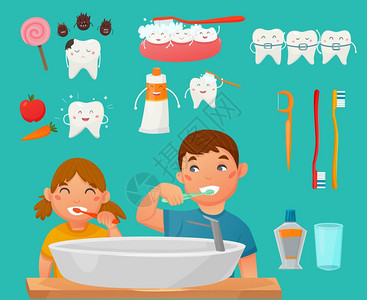 浴室背景圖刷牙孩子图标彩色牙齿刷牙儿童图标与男孩女孩洗脸浴室矢量插图插画