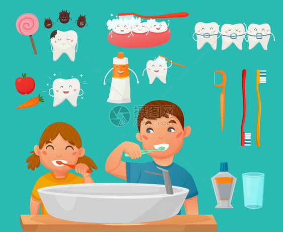 刷牙孩子图标彩色牙齿刷牙儿童图标与男孩女孩洗脸浴室矢量插图图片