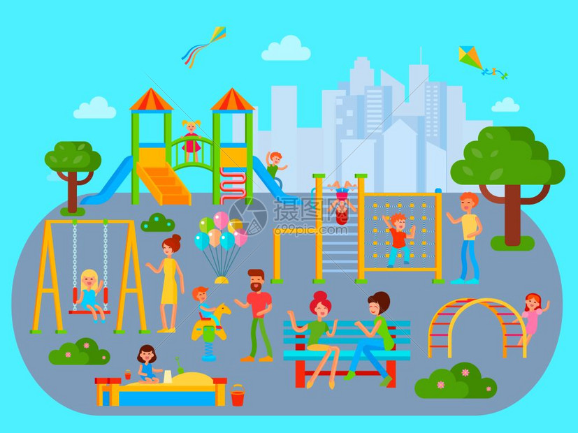 平儿童游乐场作文操场构图与平坦的城市城市景观与玩耍的孩子 青少他们的父母卡通人物矢量插图插画图片下载 正版图片 摄图网