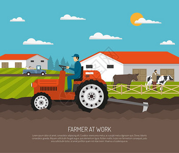 及哦啊与农业工程农场成农场背景与平坦的农场景观农民格的农业运动家畜与文本矢量插图插画